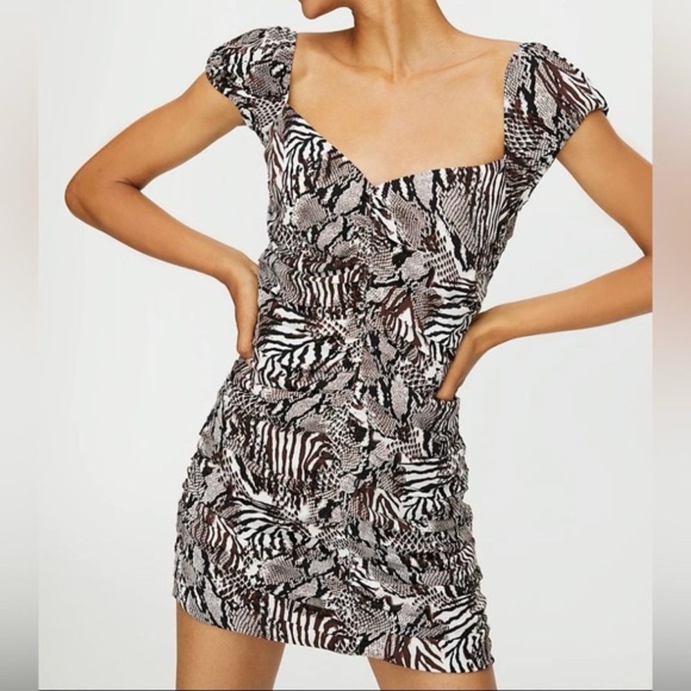Wilfred By Aritzia  Brown amp White MultiAnimal Print Ruched Bodycon Dress